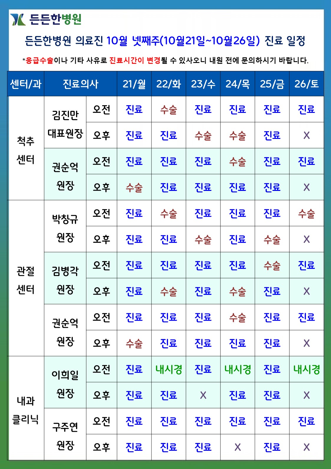 의료진 10월 넷째주