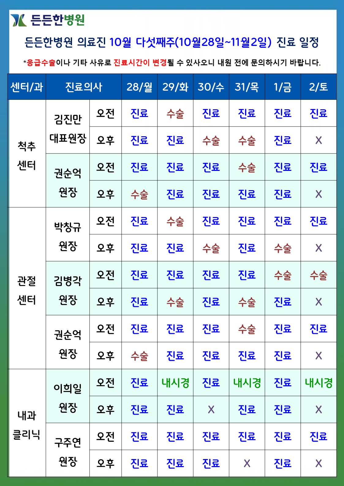 의료진 10월 다섯째주