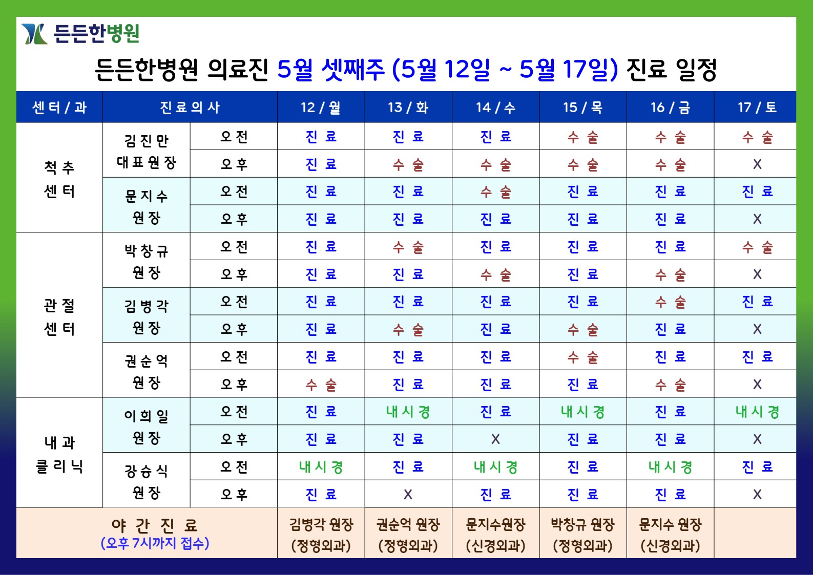 5월 셋째주 의료진 스케줄