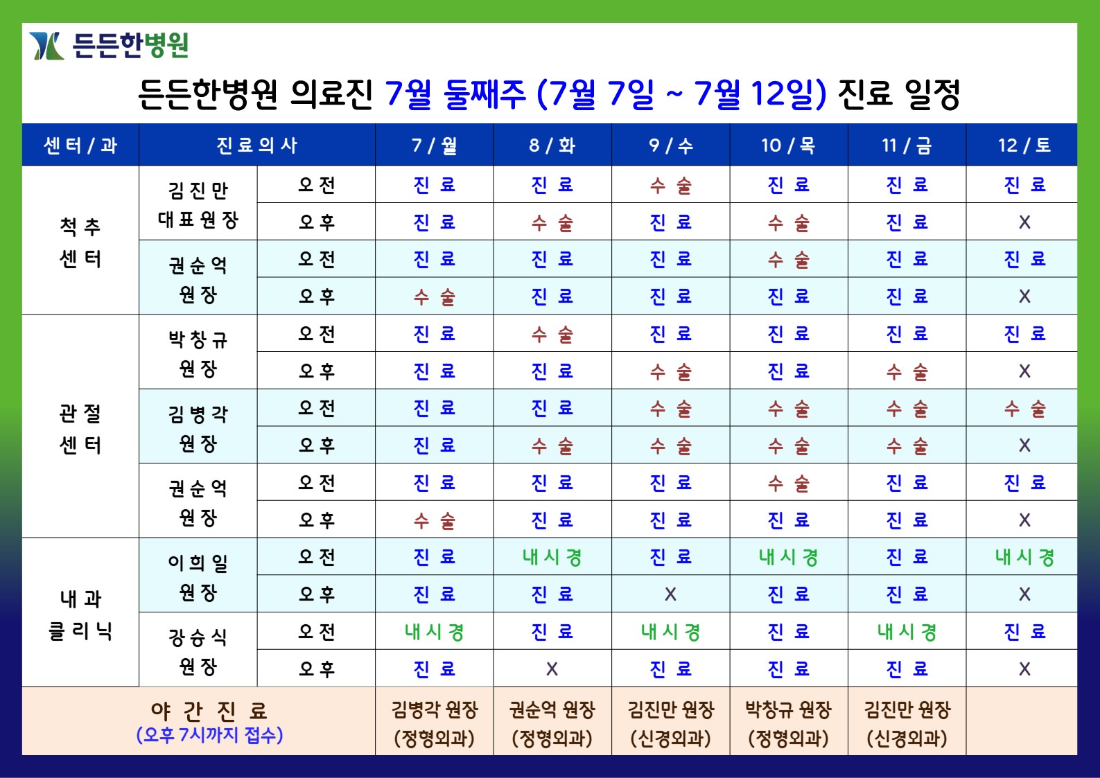 7월 둘째주 의료진 스케줄