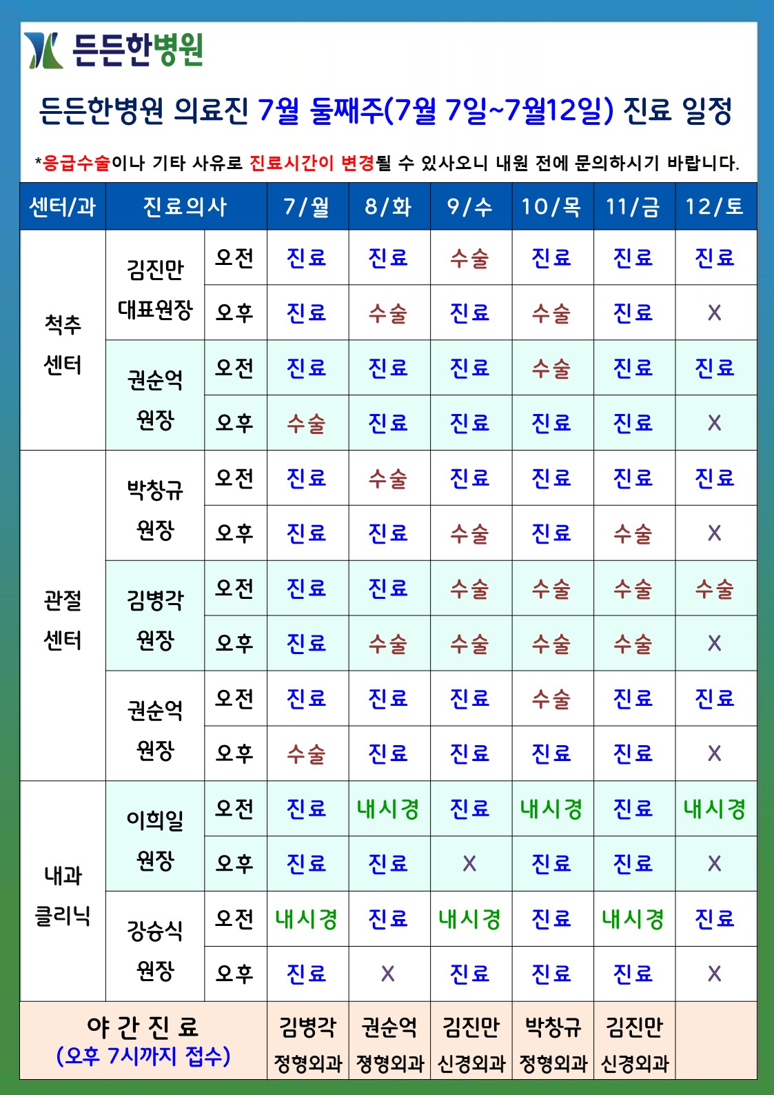 7월 둘째주 의료진 스케줄