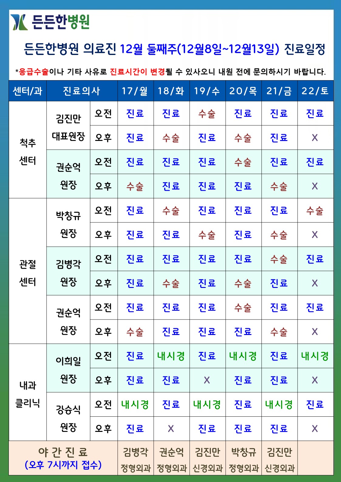 12월 둘째주 의료진 스케줄